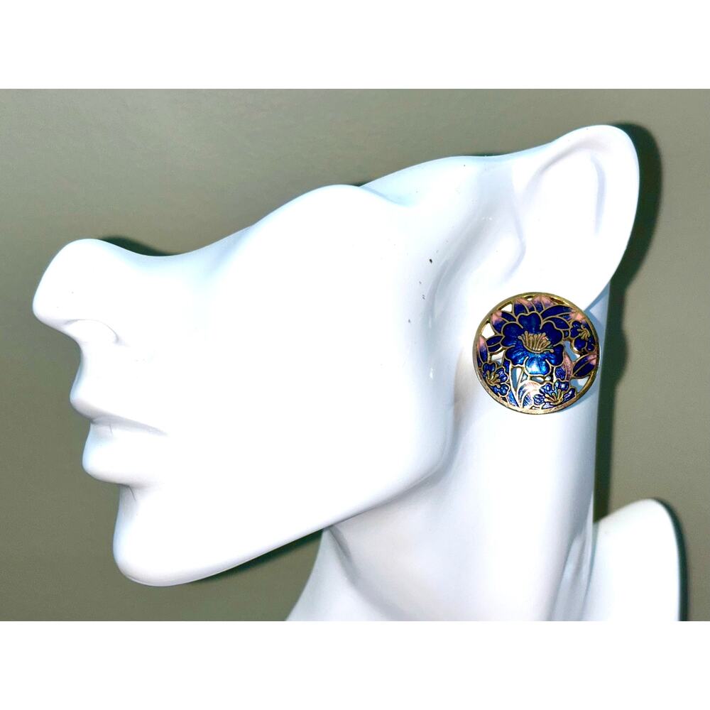 Gold Tone Blue Floral Enamel Cloisonné Post Earrings - Picture 4 of 7